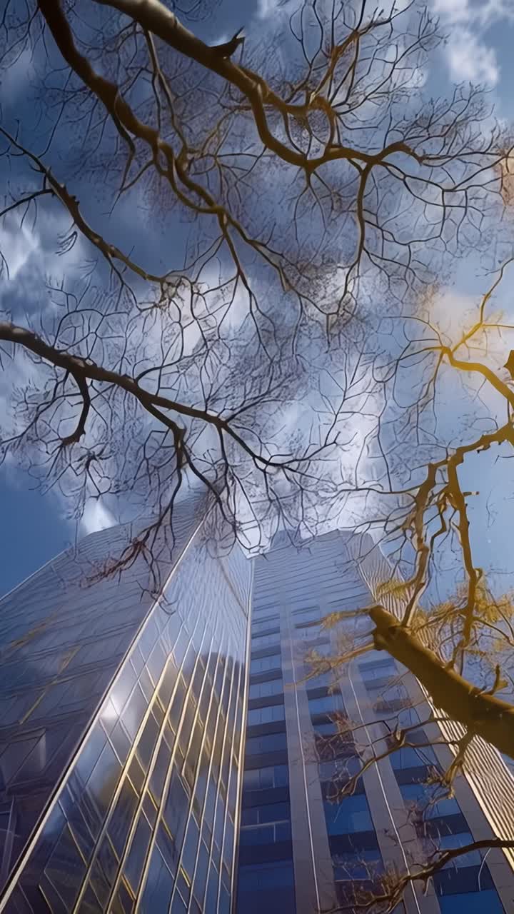 Contrasting Perspectives: A Journey from Nature's Resilience in a Bare Tree to the Sharp Lines of Urban Architecture Under a Dynamic Sky