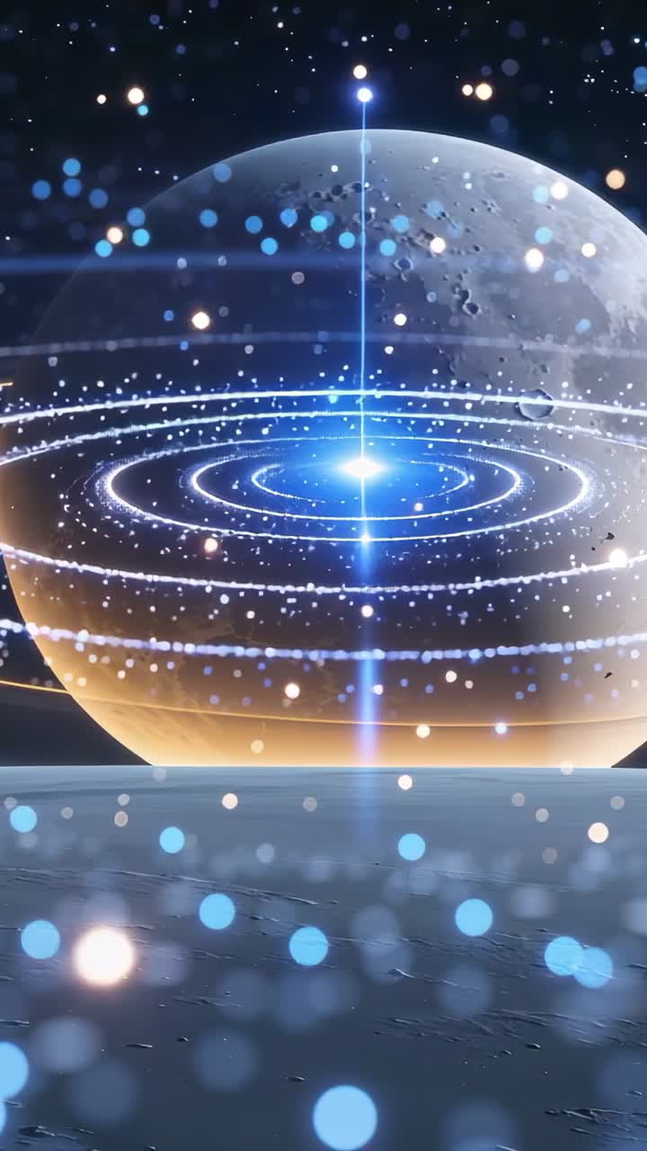 Vertical video: Emerging sphere with rings pulsing, beam scanning on platform, particles ascending