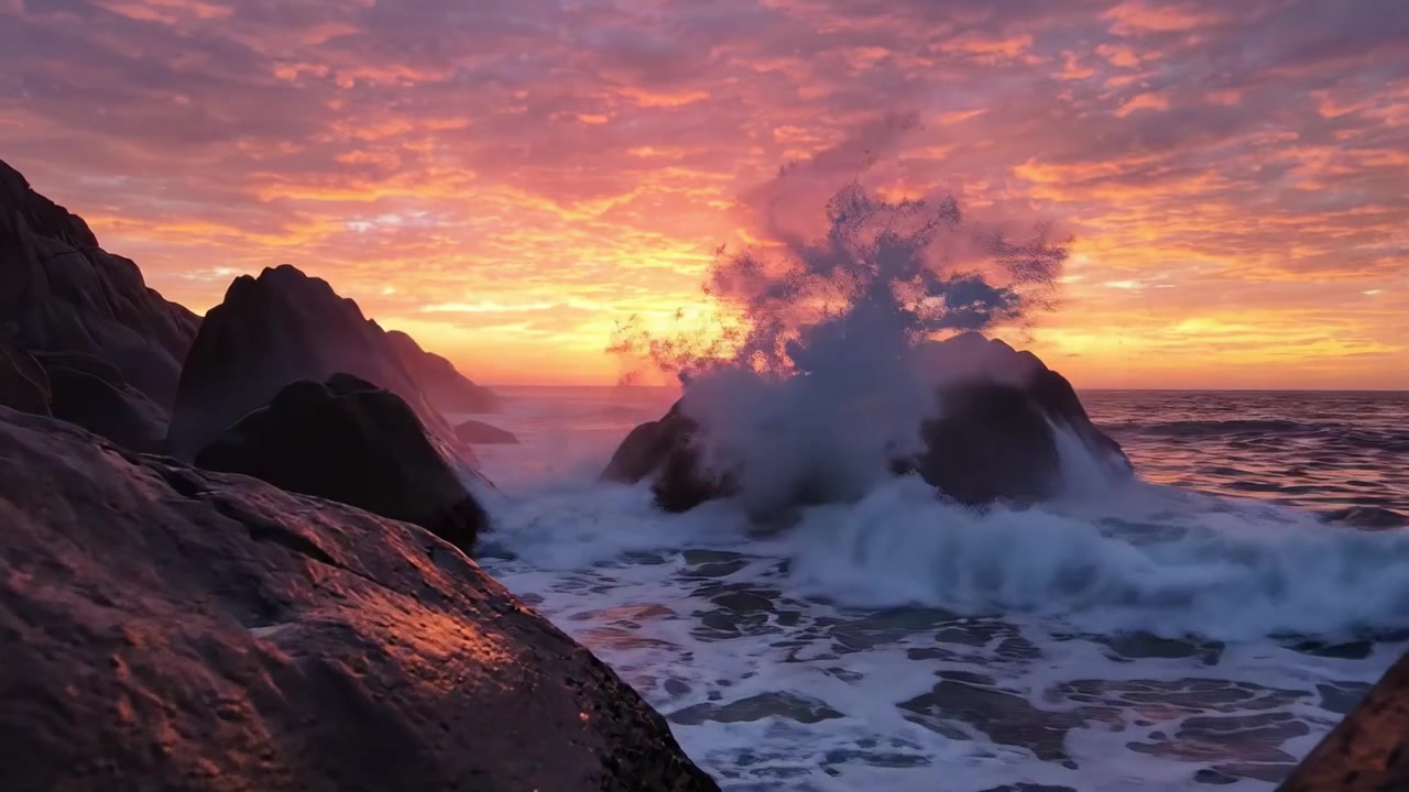 Un tramonto affascinante proietta tonalità brillanti sulle onde dell'oceano, illuminando la costa rocciosa e creando un'atmosfera tranquilla in questa splendida vista costiera.