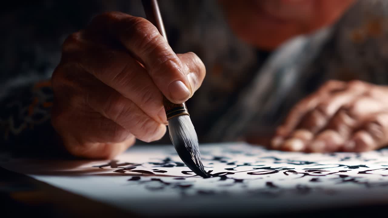 An Artisan's Touch: Capturing the Elegant Craft of Calligraphy as an Artist's Hand Skillfully Glides a Brush Over Paper, Creating Intricate Patterns and Beautiful Symbols