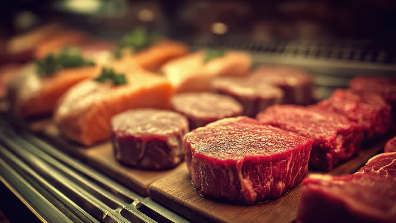A Close-Up Display of Fresh Meat Selections, Showcasing Vibrant Cuts and Textures in a Well-Arranged Culinary Presentation for Food Enthusiasts and Chefs