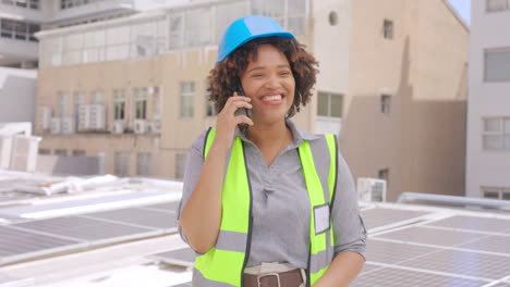 Phone-call,-woman-and-solar-engineer-talking