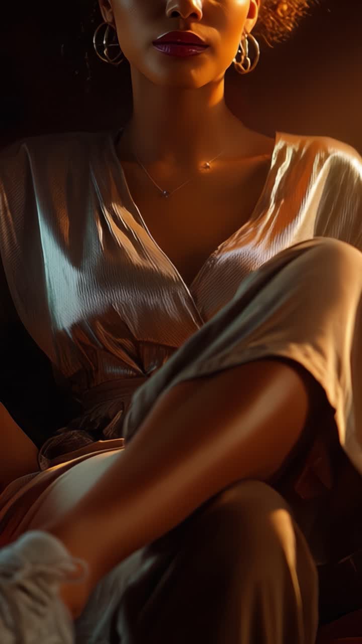 Elegante Ritratto di una Donna in Posa Rilassata, che Mostra Moda di Stile, Illuminazione Soffusa e Texture Ricche per un'Esperienza Visiva Accattivante.