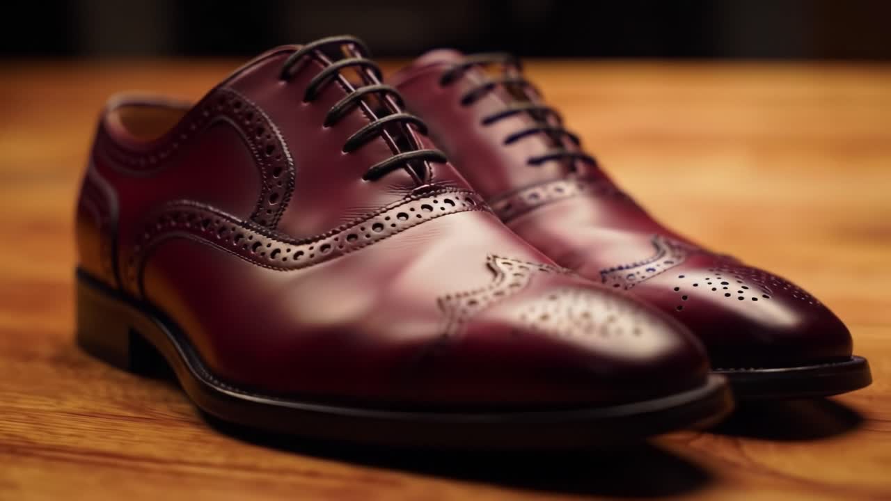 Close-up of a pair of burgundy leather brogues