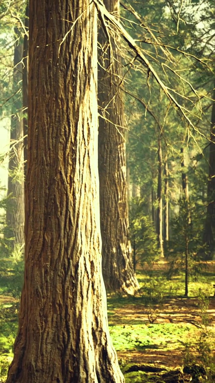 Alberi alti si ergono in una foresta con la luce del sole che filtra tra i rami.