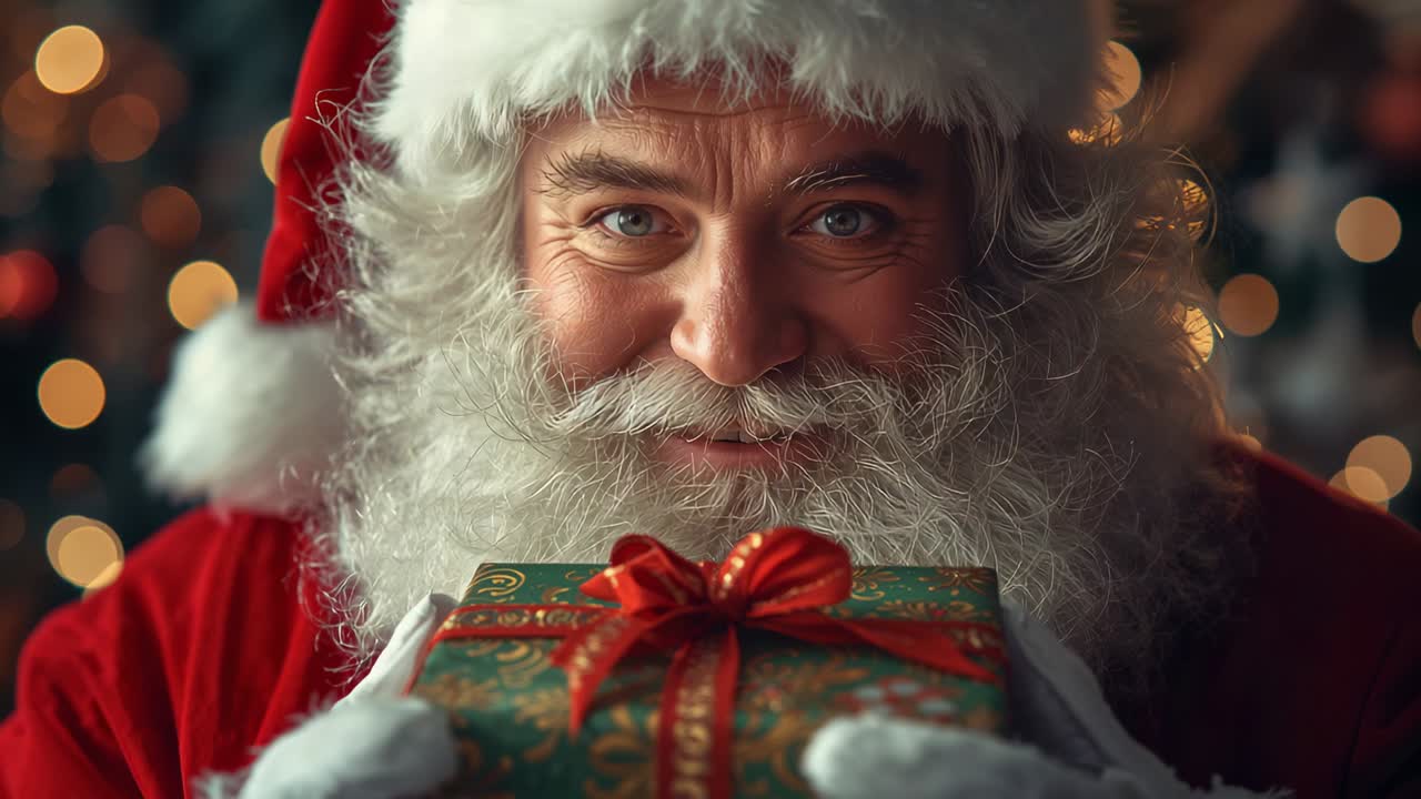 First appearing on camera, Santa impersonator offering wrapped present at home, with bokeh lights