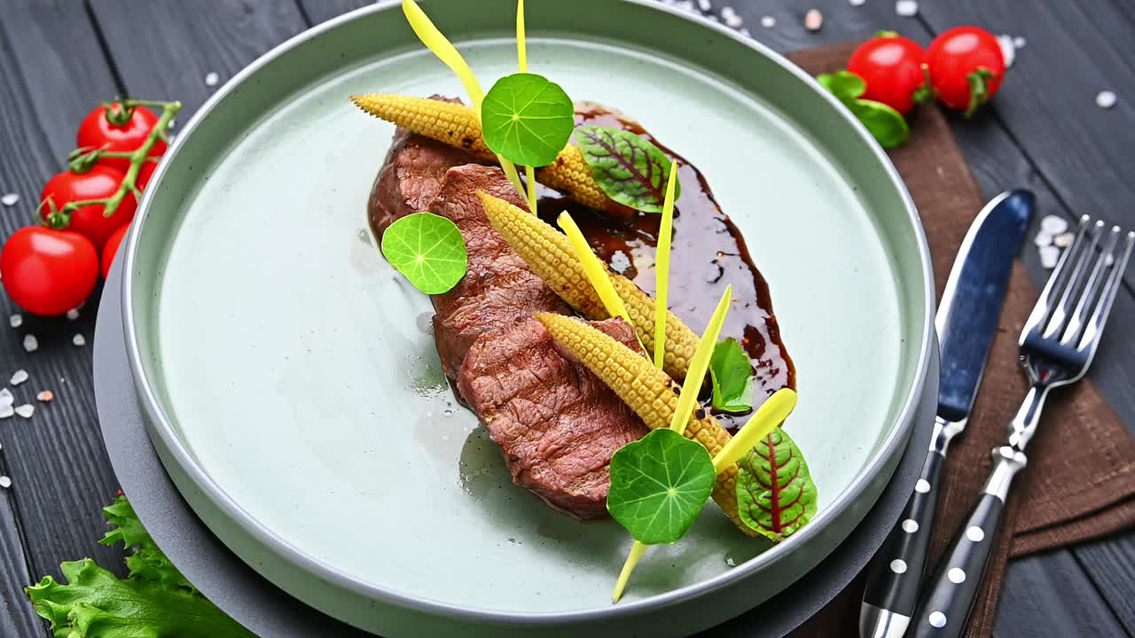 Bistecca servita su un piatto con guarnizione, appoggiata su un tavolo di legno. Un piatto di bistecca viene presentato su un piatto rotondo con verdure e piccoli ortaggi di fianco, su un tavolo di legno scuro.