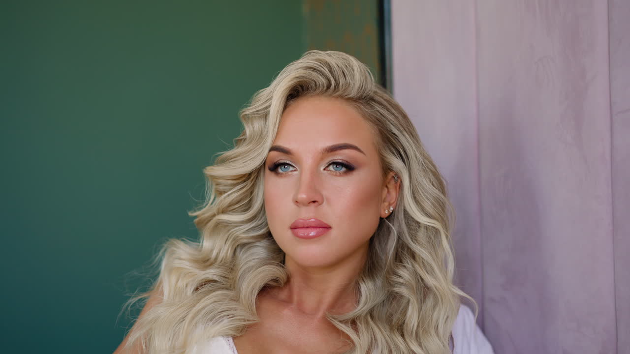 ⁇ 색 브래지어를 입고 우아한 헤어스타일을 가진 예쁜 여성이 침대에 앉아 있습니다.