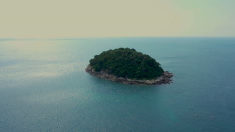 Volar-Hacia-La-Isla-Tropical-Con-Costa-Pedregosa-Y-Verde-Boscoso-En-La-Parte-Superior,-Corona-De-Palmeras-En-Medio-De-Un-Denso-Matorral-Cubierto