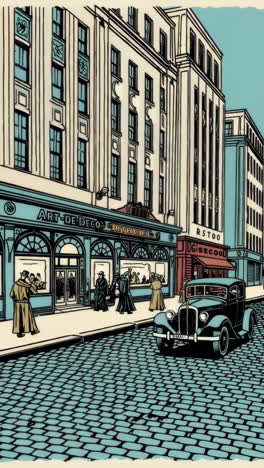 Art Deco City Street Scene with Vintage Car and Pedestrians