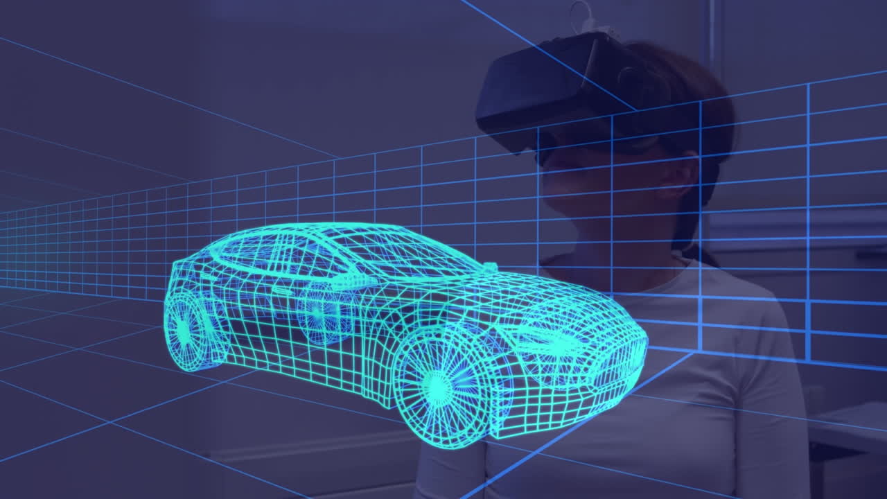 animación de un dibujo de coche en 3d sobre una mujer con auriculares vr