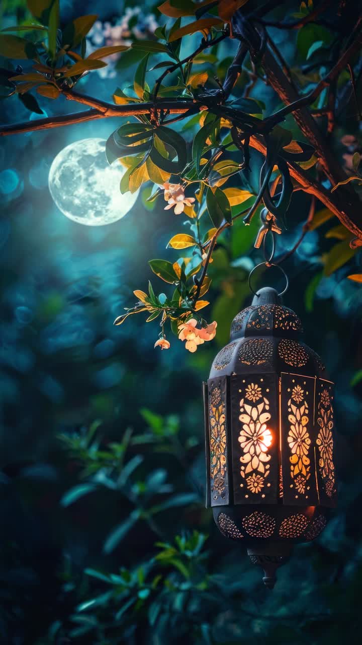 A mystical night scene with a glowing lantern hanging from a tree, full moon in the background