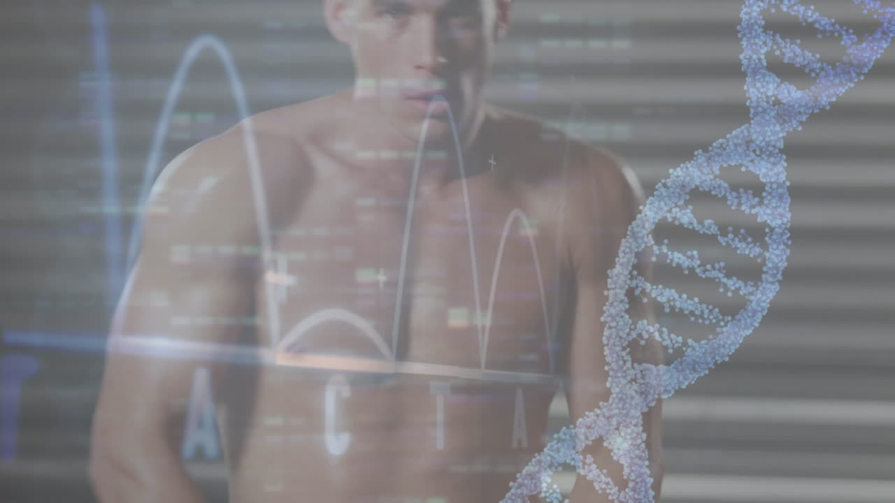 dna 나선형의 애니메이션과 추상적인 패턴을 카우카스 남성 권투 선수가 워밍업 운동을 하고 있습니다.