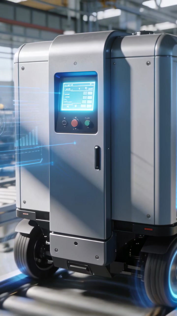 Vertical video: Scanning sensors guiding AGV moving on roller conveyor in factory, with touchscreen