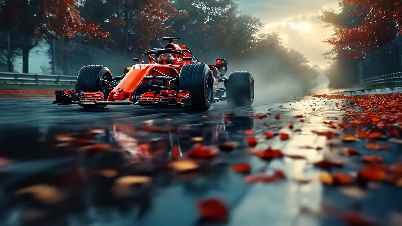 雨の日の秋のコースを走るレースカー。曇りの夕暮れ時、赤いレースカーが、濡れた落ち葉の積もったコースを疾走し、タイヤからは水が飛び散っています。