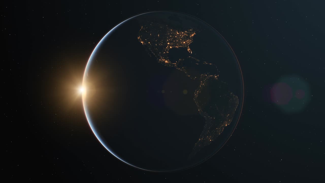 Slowly rotating realistic night earth from space with sun light lens flare - loop