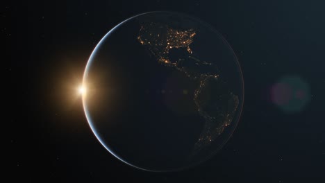 slowly rotating realistic night earth from space with sun light lens flare - loop