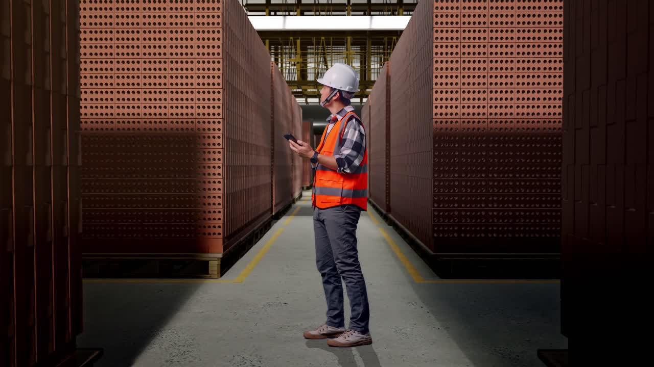 Full Body Side View Of Asian Male Engineer With Safety Helmet Using Smartphone And Looking Around While Standing With Red Brick Packed in Stacks Are Stored