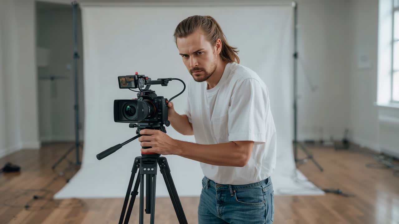 Videografo che modifica le impostazioni, perfezionando l'inquadratura, usando il treppiede e la fotocamera in studio, preparando la registrazione
