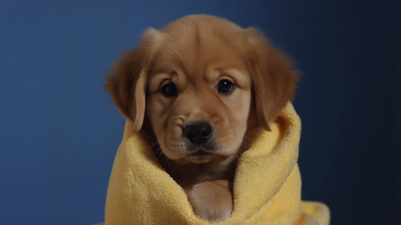 Golden retriever puppy with a towel