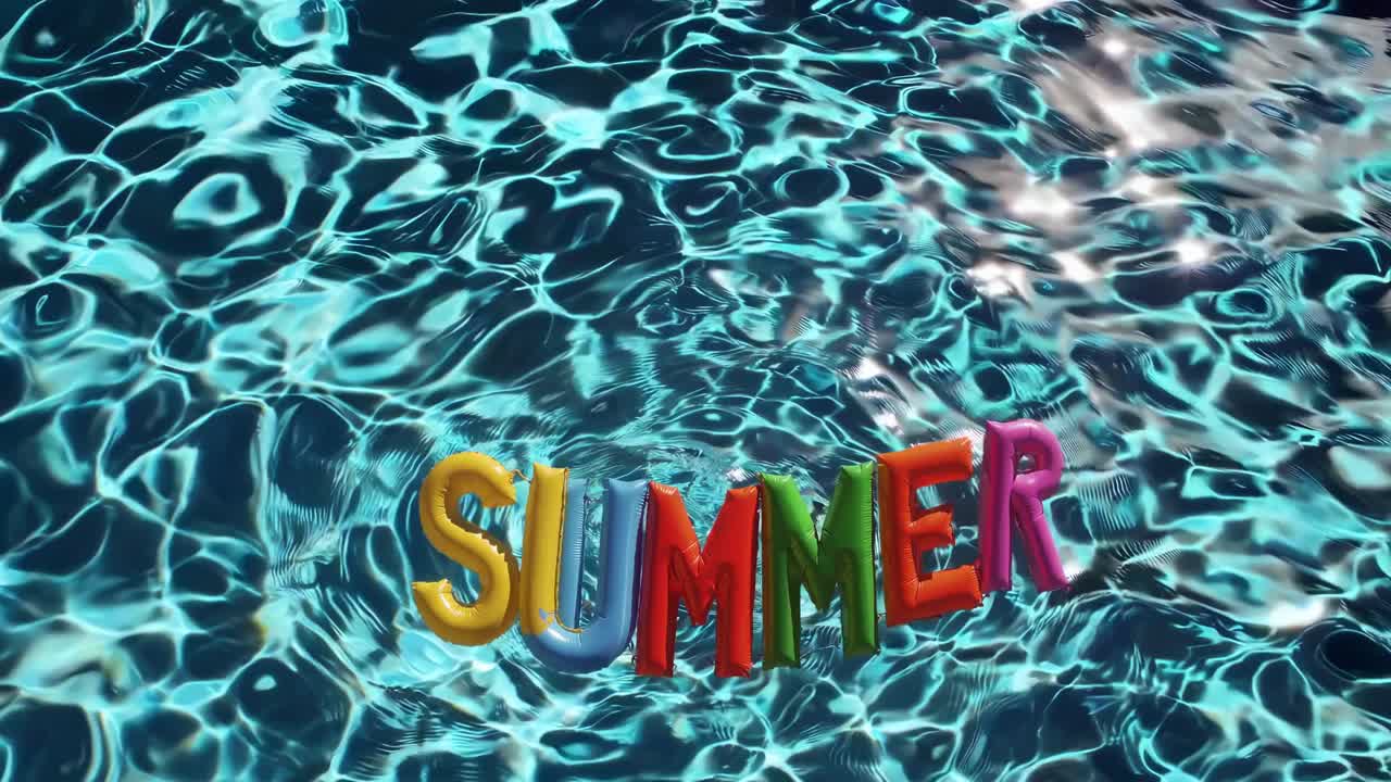 Vibrant summer-themed video with colorful floating letters on rippling water, capturing a playful