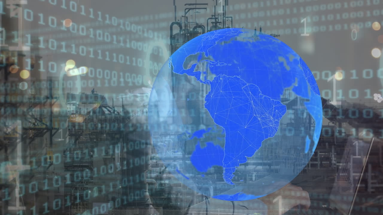 animación del globo sobre el procesamiento de datos hombre usando computadora portátil