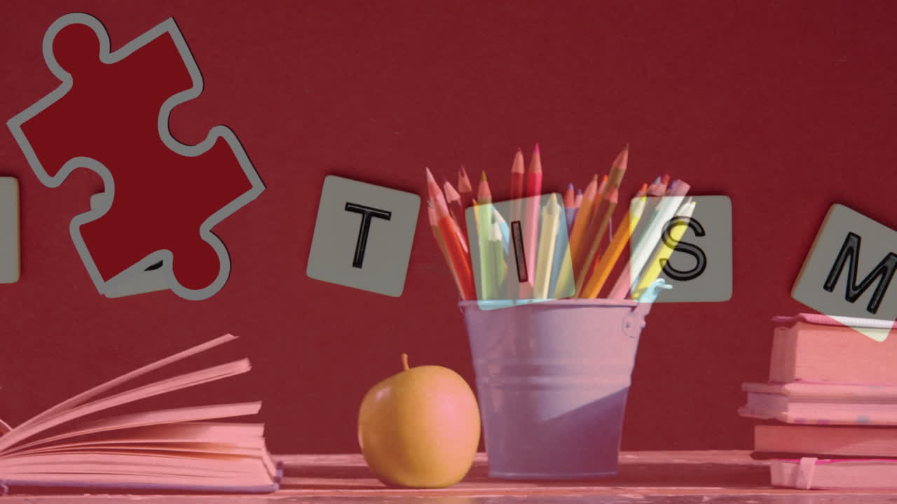 animación de rompecabezas que caen sobre el autismo texto y lápices de color