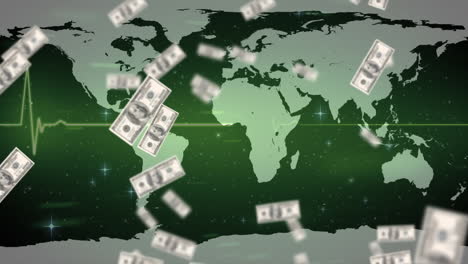 animación de billetes de dólares estadounidenses flotando sobre un monitor de frecuencia cardíaca y un mapa del mundo