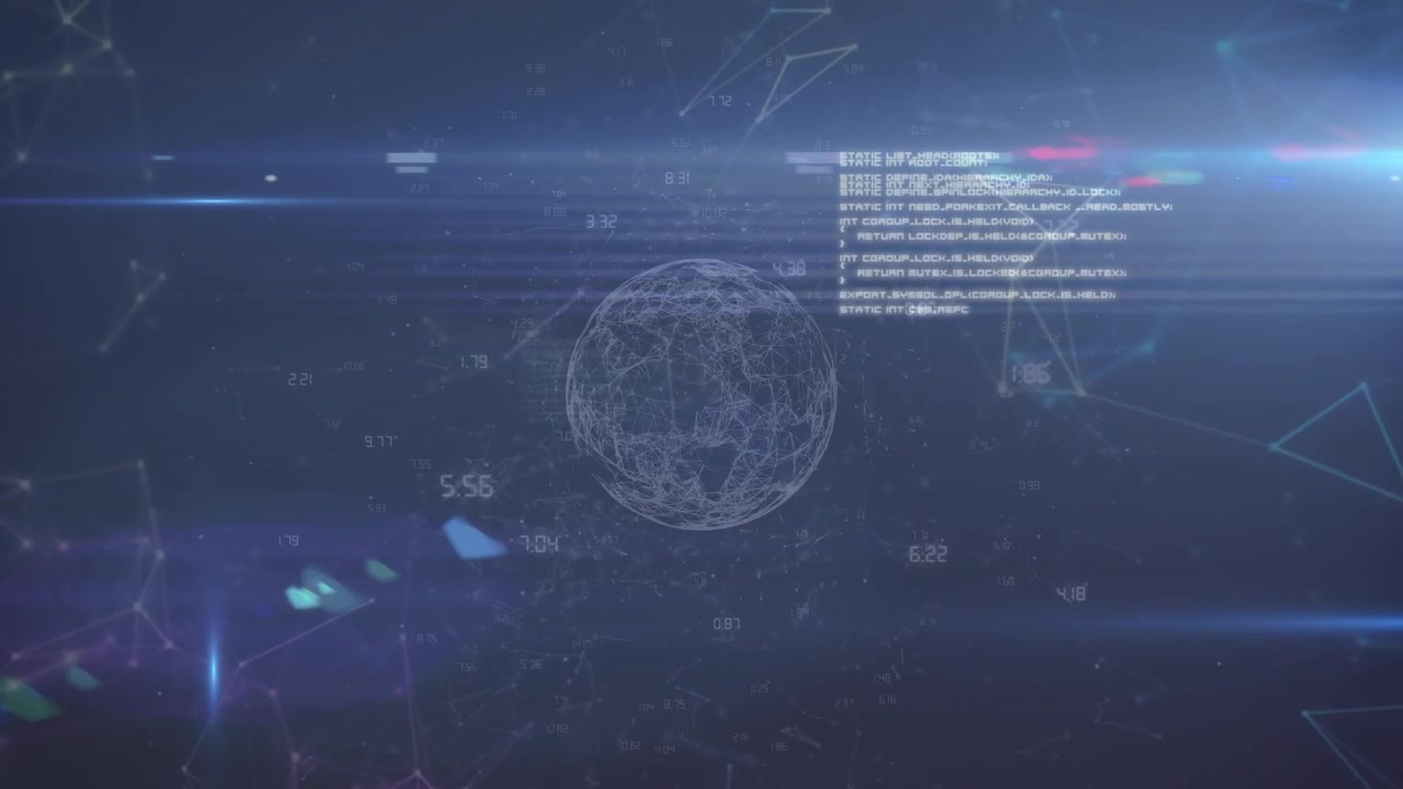 Animation of rotating globe, lights and data processing on navy background