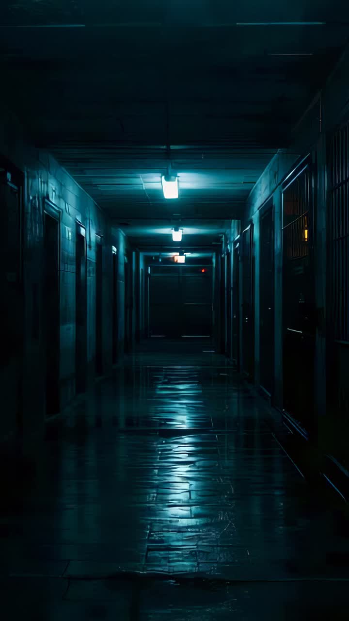 Vertical video: Moving camera beginning forward pass down corridor to reveal LED lights and exit