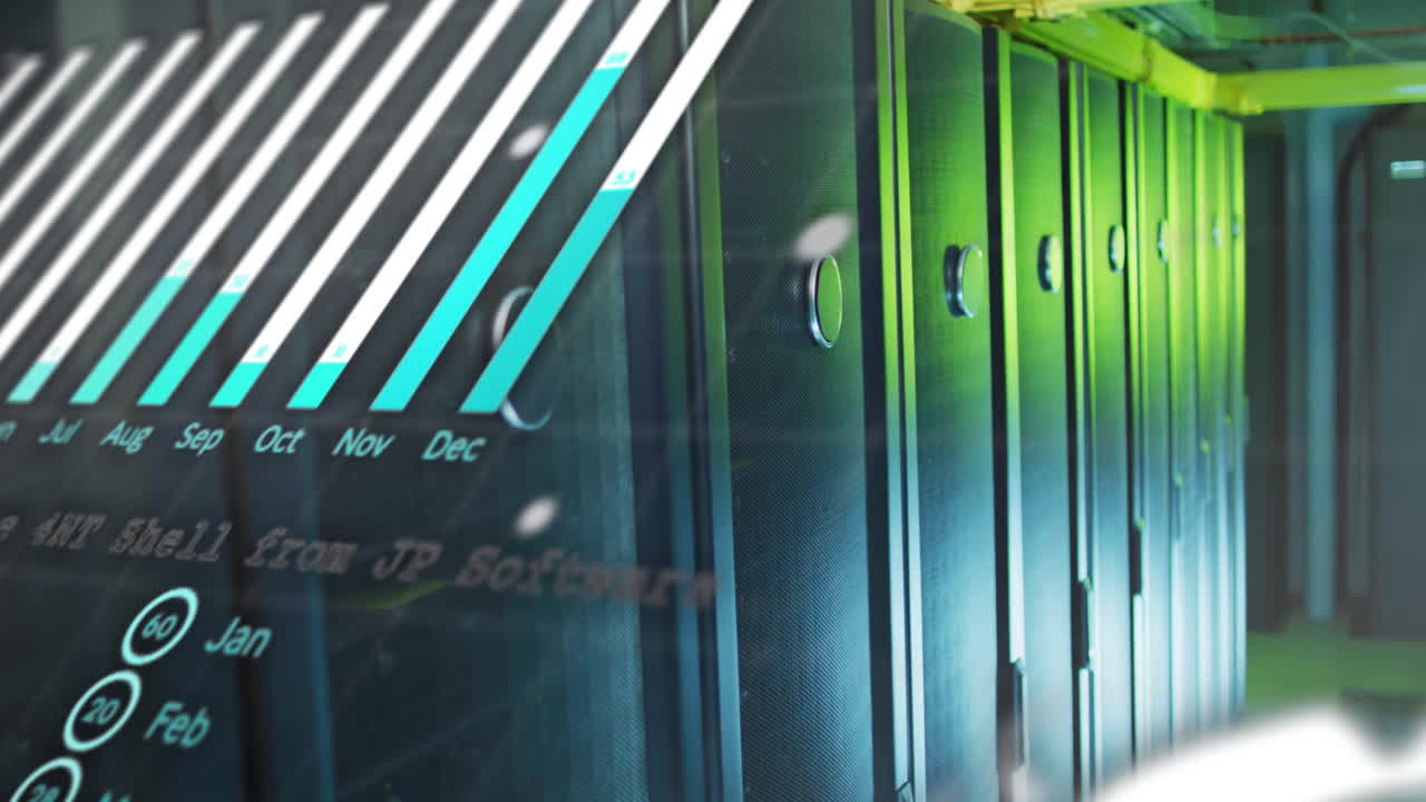 animación de procesamiento de datos sobre bastidores de servidores en el centro de datos