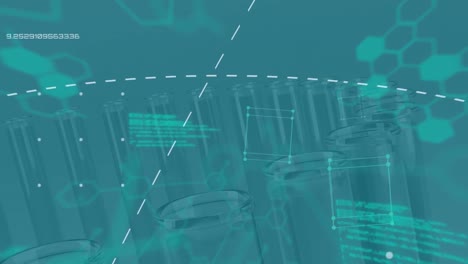 animación del procesamiento de datos y las fórmulas químicas sobre tubos de ensayo sobre fondo azul