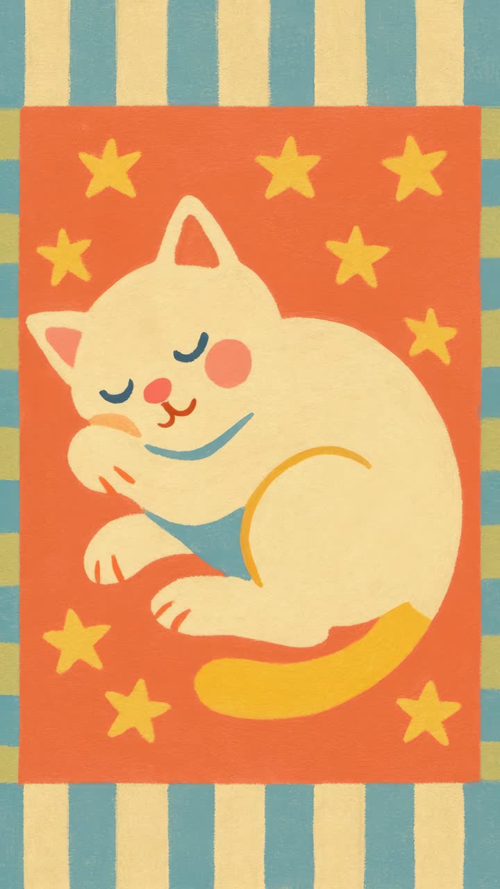 Ilustrasi ceria kucing tidur dikelilingi bintang, dilihat dari atas