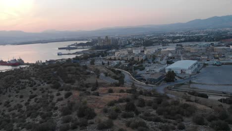 aerial view of industrial port at sunset