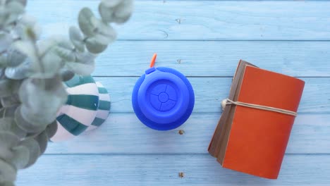 blue portable speaker on a blue wood table with a book and a plant