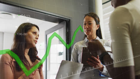 Animation-of-statistical-data-processing-against-three-diverse-women-discussing-together-at-office