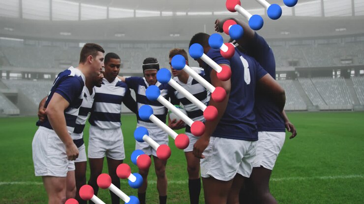 Animazione di un filamento di DNA su giocatori di rugby maschi allo stadio