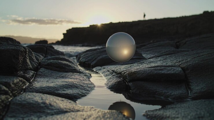 Hovering orb drifting forward above tidal pool as sun sinking behind cliff, silhouette in dark coat