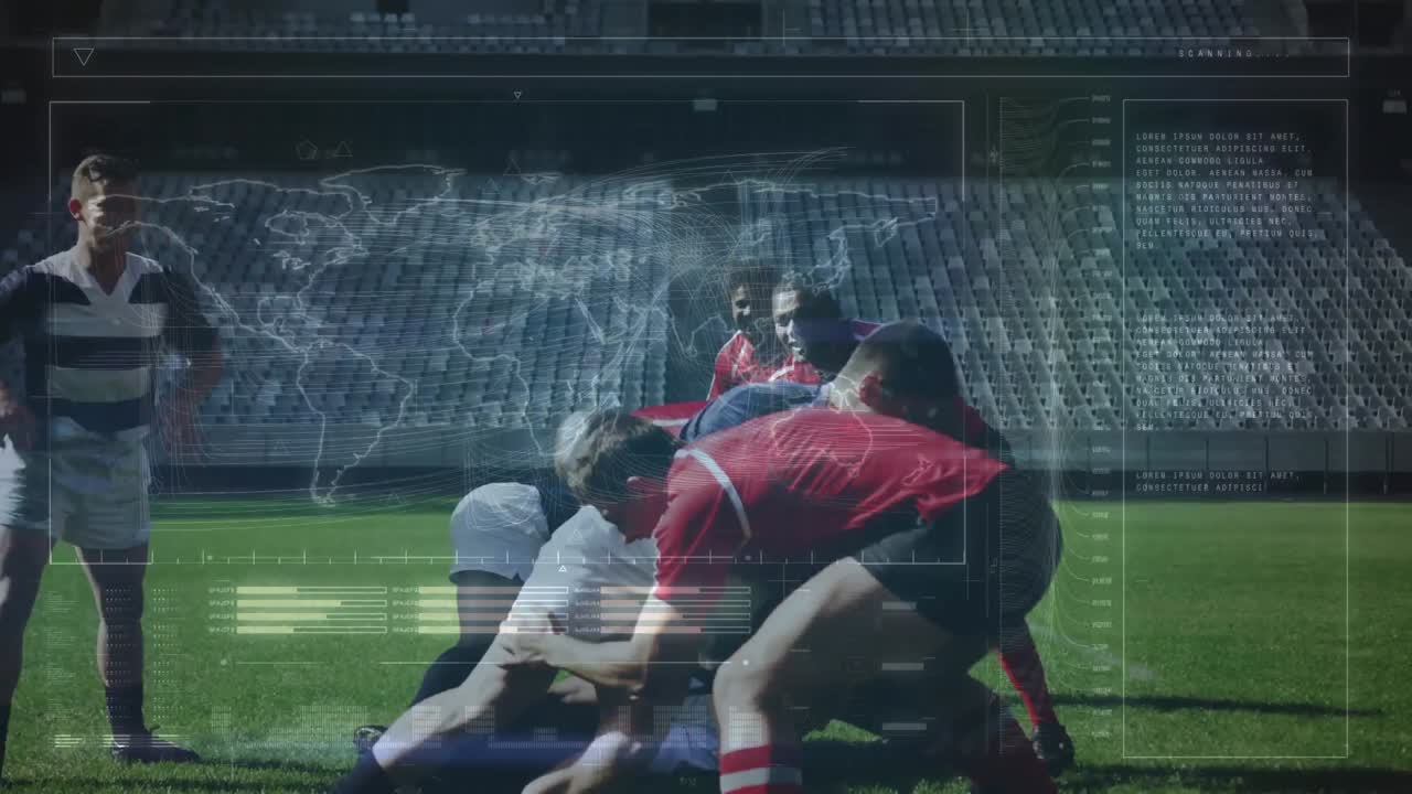 animación de procesamiento de datos y jugadores de rugby sobre el estadio deportivo