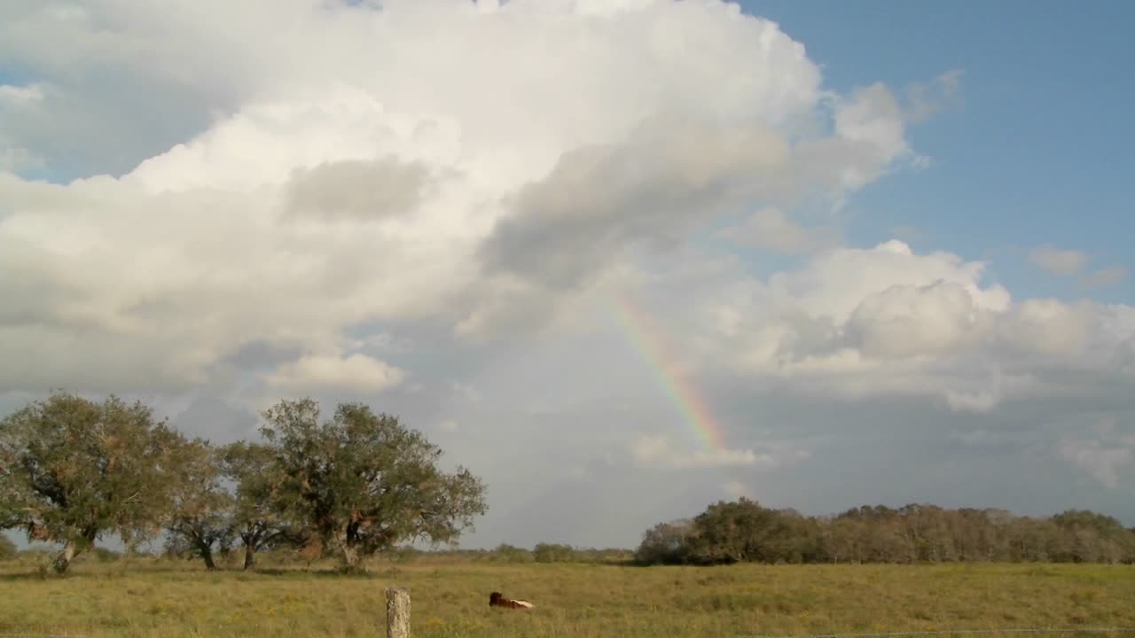 lapso de tiempo de un arco iris sobre un campo agrícola
