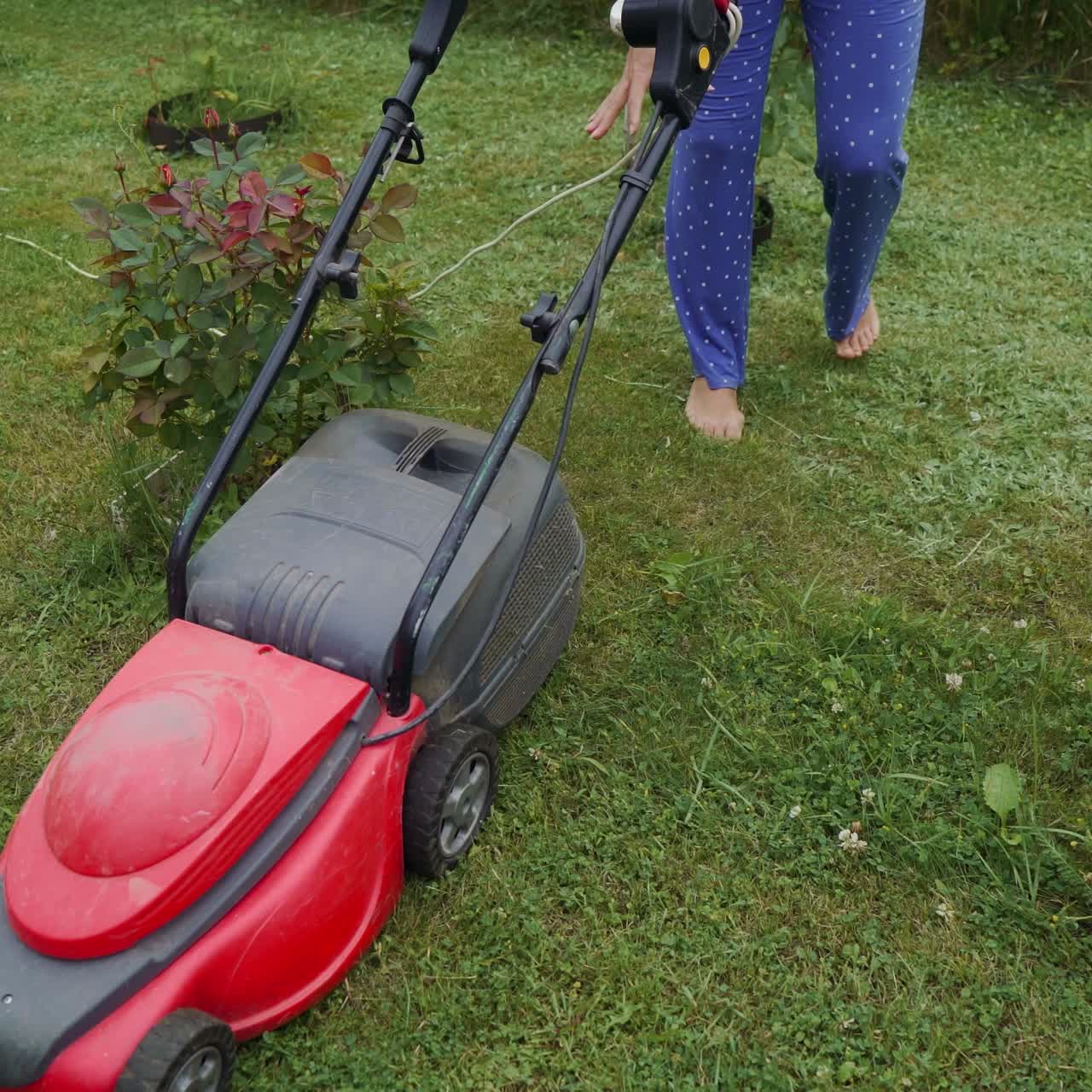 Young woman is mowing lawn with lawn mower in her backyard. Mowing grass in the garden.