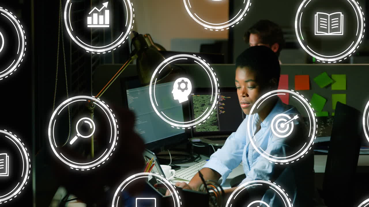 Animation of digital icons with data processing over african american businesswoman in office