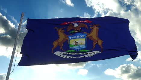 michigan flag on a flagpole waving in the wind, blue sky background. 4k