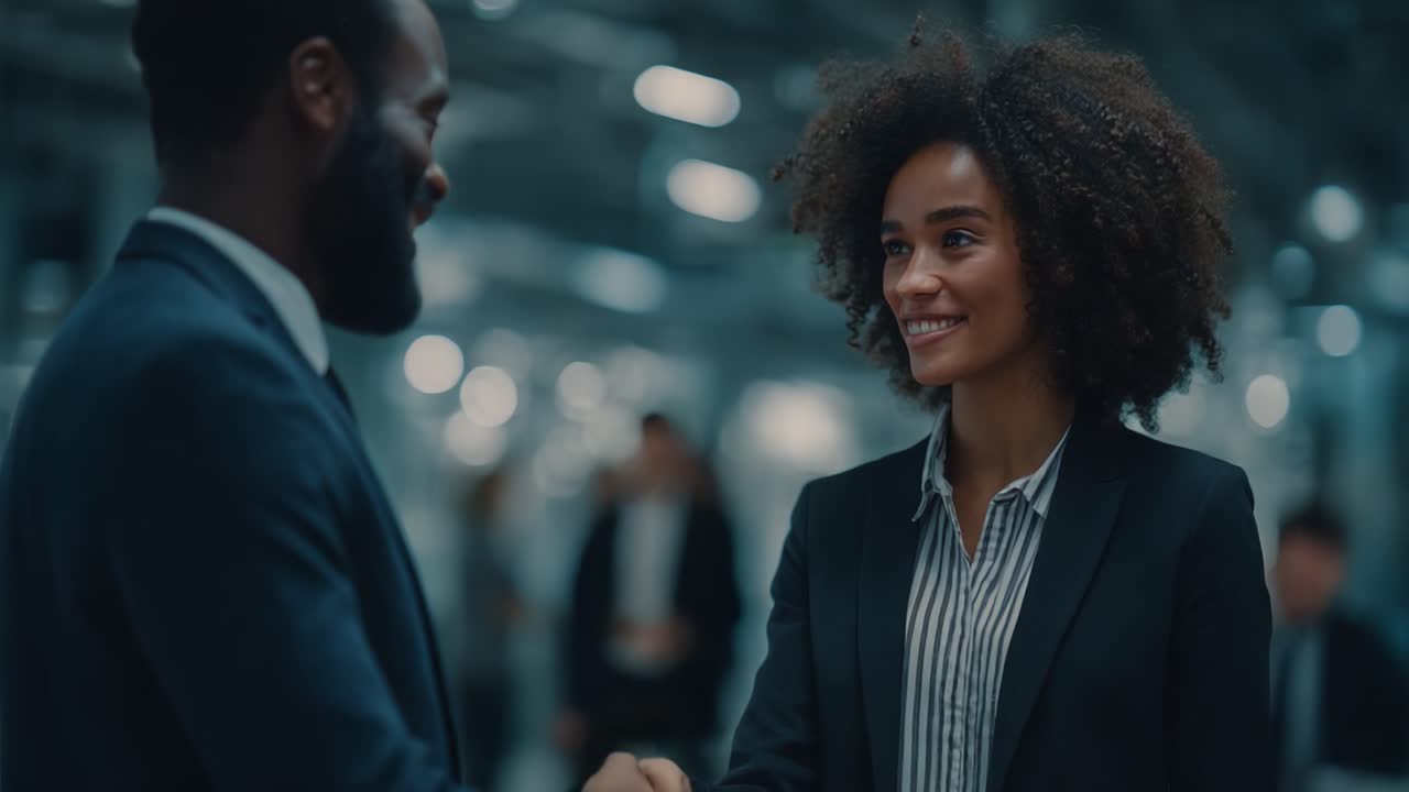 A Professional Business Meeting: A Man and Woman Engaging in a Confident Handshake at an Office Environment with a Collaborative Atmosphere in the Background
