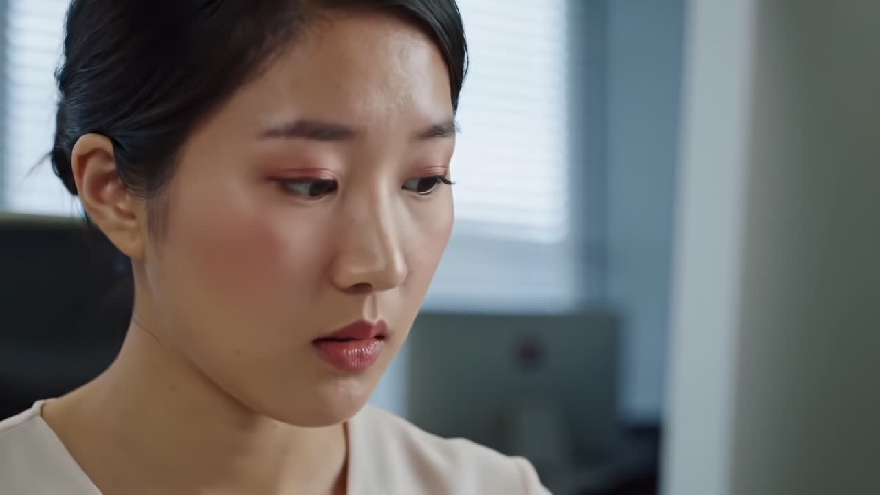 A Woman in Contemplation: Capturing an Introspective Moment in a Modern Office Setting with a Focus on Her Thoughtful Expression and Emotions