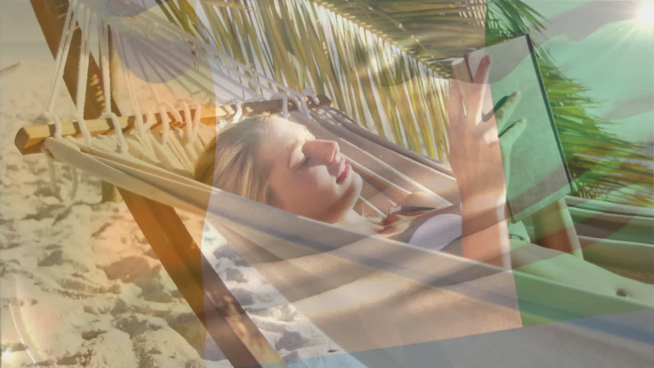 Relaxing in hammock on beach, woman reading book under palm fronds animation