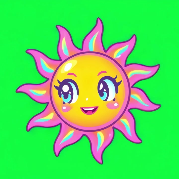 Personaggio animato di sole Kawaii che ammicca su schermo verde