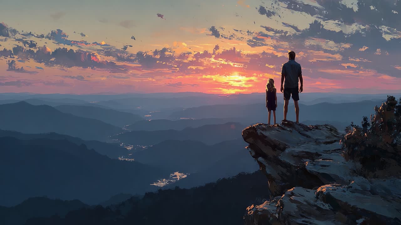 A Captivating Sunset Overlooking Majestic Mountains: A Child and Parent Stand Together at the Edge of a Rocky Outcrop, Taking in the Breathtaking View of Nature's Splendor