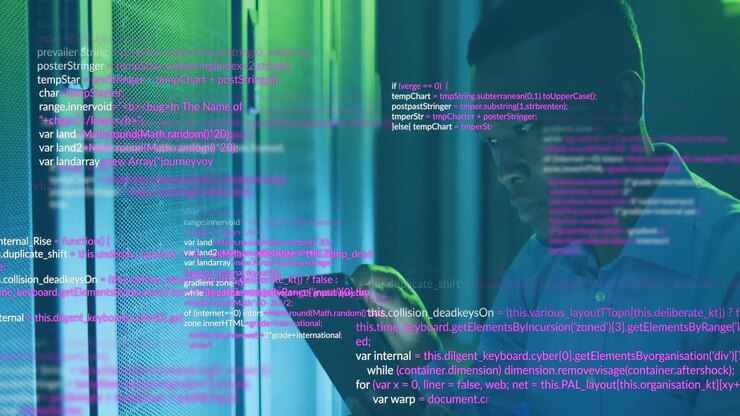 IT technician interacting with tablet in server room checking data causing animated code floating