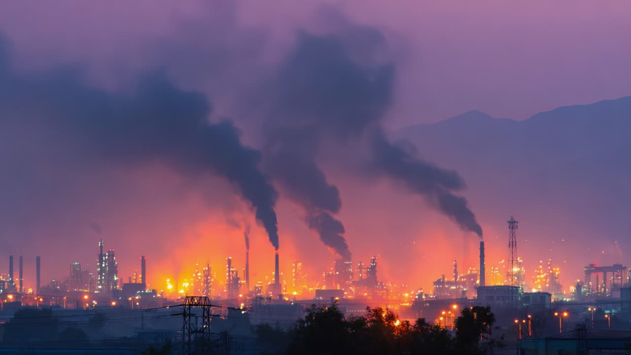 A Dusk View of an Industrial Landscape with Billowing Smoke and Bright Lights from Factories Against a Twilight Sky